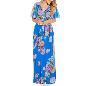 Adrianna Papell New Size 6 Floral Short Sleeve Chiffon Maxi Dress Ocean Dream